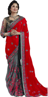 G JELLY FASHION TREE Embroidered Bollywood Net Saree(Red)