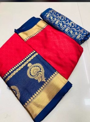 Juhi Collection Self Design, Woven Kanjivaram Art Silk, Cotton Silk Saree(Red)