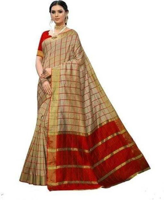 ROFOLO Checkered, Solid/Plain Bollywood Cotton Silk Saree(Beige)