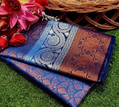 REEVA Woven Kanjivaram Silk Blend, Jacquard Saree(Light Blue)