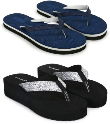 TWO SOFT Women Combo Pack Of 2 Stylish Casual Light & Soft Comfortable Daily Wear Slippers(Blue, Silver , 6)