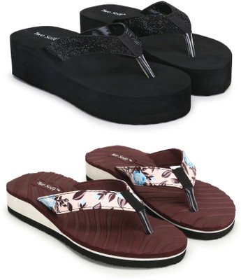TWO SOFT Women Combo Pack Of 2 Women Slipper Stylish Casual Light & Soft Comfortable Daily Wear Flip Flops(Black, Maroon , 6)