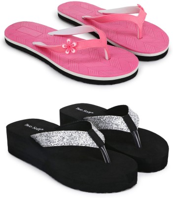 TWO SOFT Women Slippers(Pink, Black , 4)