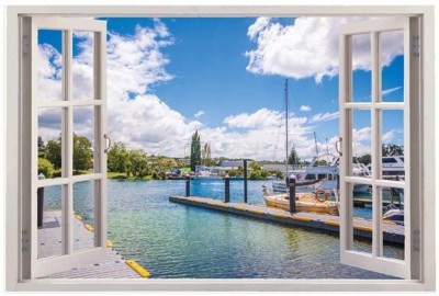 100yellow 90 cm Ship View 3D Window Frame Printed Self Adhesive Sticker(Pack of 1)