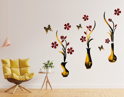 DivineDesigns 100 cm Colorful Golden Flower Pots Self Adhesive Sticker(Pack of 1)