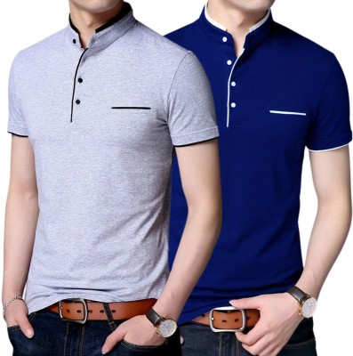 GulGuli Solid Men Mandarin Collar Blue, Grey T-Shirt