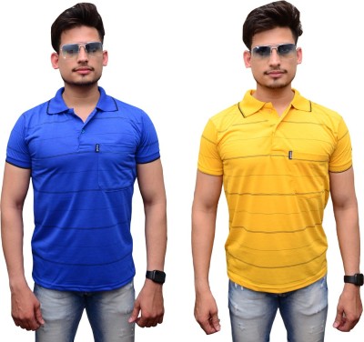 Maleno Striped Men Polo Neck Blue, Yellow T-Shirt