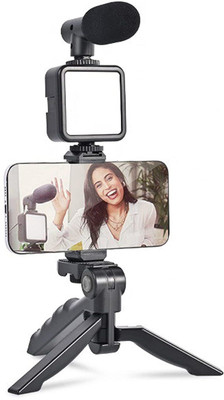 RHONNIUM Mobile Vlogging Kit with Microphone Tripod Stand Monopod, Tripod Kit(Black, Supports Up to 1000 g)