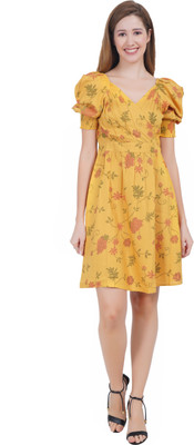 ART OF CLOTHING Women Fit and Flare Yellow Above Knee/Mid Thigh Length Dress