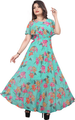 Parth Creation Women Fit and Flare Light Green Maxi/Full Length Dress