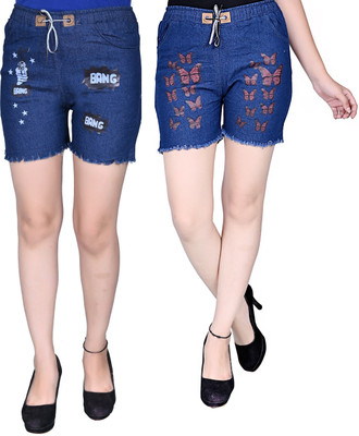 GLAMHOOD Short For Girls Casual Printed Denim(Blue, Pack of 2)