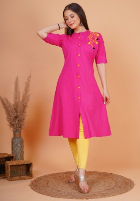 LOOMS21 Women Embroidered A-line Kurta(Pink)
