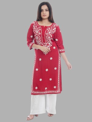 RANGAA NAWAAB Women Embroidered Straight Kurta(Red)