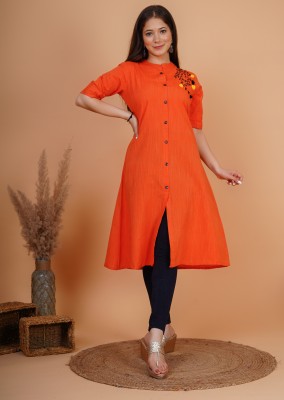 HEARTLOOM Women Embroidered A-line Kurta(Orange)