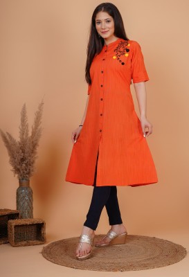 Dizon Women Embroidered A-line Kurta(Orange)