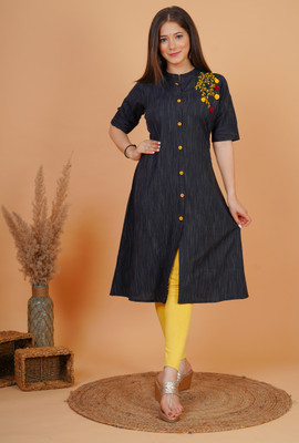HEARTLOOM Women Embroidered A-line Kurta(Black)