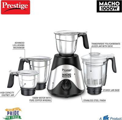 Prestige MACHO 1000W MACHO MIXER GRINDER 1000 Juicer Mixer Grinder (4 Jars, SILVER / BLACK)