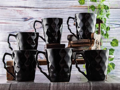 KVA Ultimate Self design Black mug set pack of 6 Ceramic Coffee Mug(300 ml, Pack of 6)