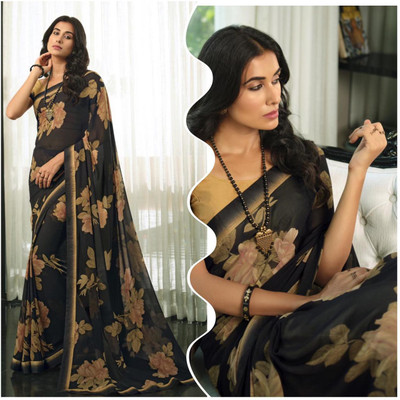 PHORIA STYLE Embroidered Daily Wear Georgette, Chiffon Saree(Black)