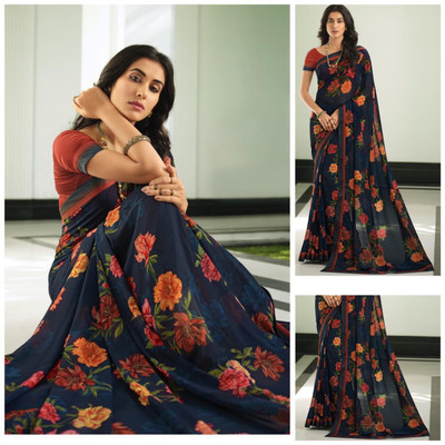 peer store Printed, Self Design, Graphic Print, Floral Print, Checkered, Solid/Plain Bollywood Georgette, Chiffon Saree(Dark Blue)
