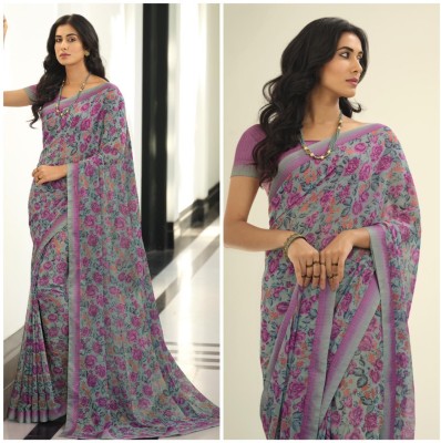 BLEESBURY Floral Print Bollywood Georgette, Chiffon Saree(Grey)