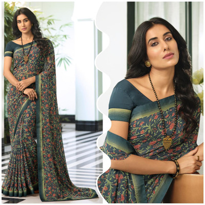 peer store Printed, Self Design, Graphic Print, Floral Print, Checkered, Solid/Plain Daily Wear Georgette, Chiffon Saree(Dark Green)