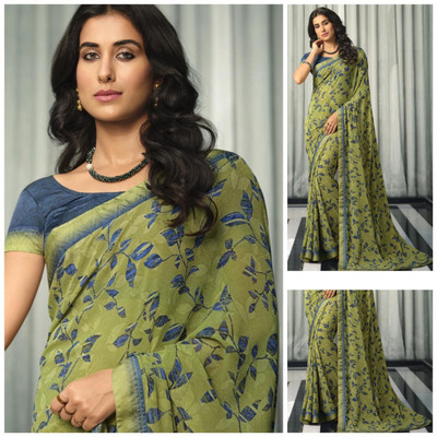 PHORIA STYLE Floral Print Bollywood Georgette, Chiffon Saree(Light Green)