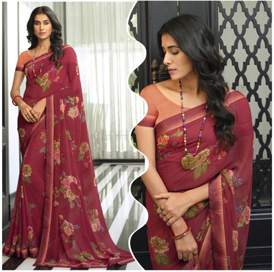 PHORIA STYLE Embroidered Daily Wear Georgette, Chiffon Saree(Maroon)
