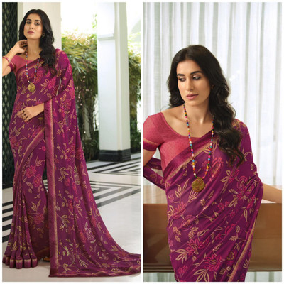 peer store Printed, Self Design, Graphic Print, Floral Print, Checkered, Solid/Plain Bollywood Georgette, Chiffon Saree(Purple)