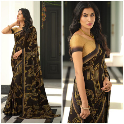 MEETVIN COUTURE Floral Print Bollywood Georgette, Chiffon Saree(Brown)