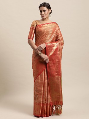 Mavericks Woven Banarasi Cotton Silk Saree(Red)