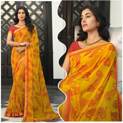 PHORIA STYLE Embroidered Daily Wear Georgette, Chiffon Saree(Yellow)