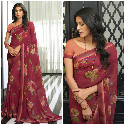 BLEESBURY Floral Print Bollywood Georgette, Chiffon Saree(Maroon)