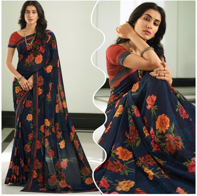 BLEESBURY Printed, Self Design, Geometric Print, Graphic Print, Floral Print, Solid/Plain Bollywood Georgette, Chiffon Saree(Dark Blue)