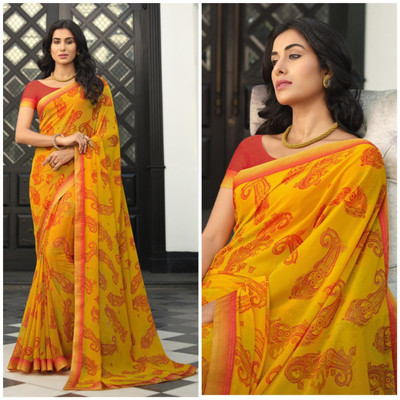 BLEESBURY Floral Print Bollywood Georgette, Chiffon Saree(Yellow)