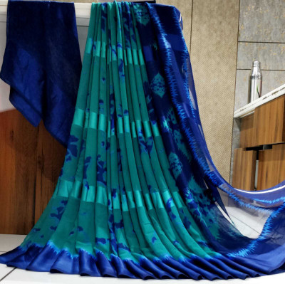 Bombey Velvat Fab Printed, Solid/Plain Daily Wear Chiffon, Art Silk Saree(Dark Blue, Light Blue)