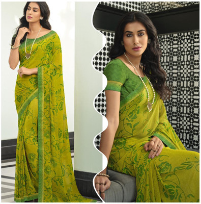 BLEESBURY Printed, Self Design, Geometric Print, Graphic Print, Floral Print, Solid/Plain Bollywood Georgette, Chiffon Saree(Light Green)