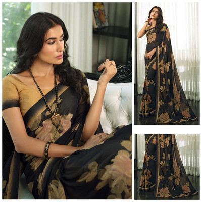 BLEESBURY Printed, Self Design, Geometric Print, Graphic Print, Floral Print, Solid/Plain Bollywood Georgette, Chiffon Saree(Black)