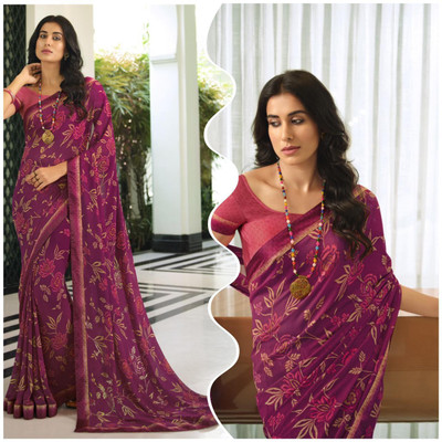 DIKONA DESIGNER Printed, Self Design, Graphic Print, Floral Print, Checkered, Solid/Plain Bollywood Georgette, Chiffon Saree(Purple)
