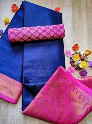 Juhi Collection Woven Kanjivaram Jacquard, Cotton Silk Saree(Blue)