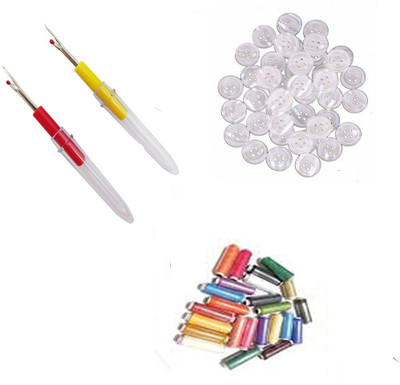 Crafts Haveli 3 Items Combo : 2 Seam Ripper, 20 Multi Thread Spool & 20 White Button Sewing Kit