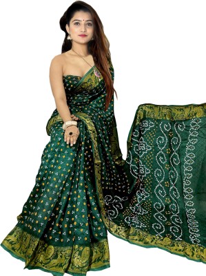 Dharmeta Enterprisre Printed Bandhani Art Silk Saree(Dark Green)