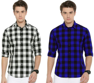 Rehan Trends Men Checkered Casual White, Blue Shirt(Pack of 2)