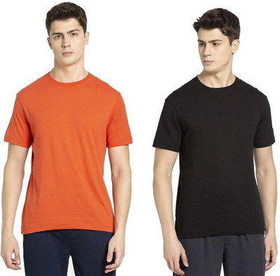 multaniknitwear Solid Men Round Neck Black, Orange T-Shirt