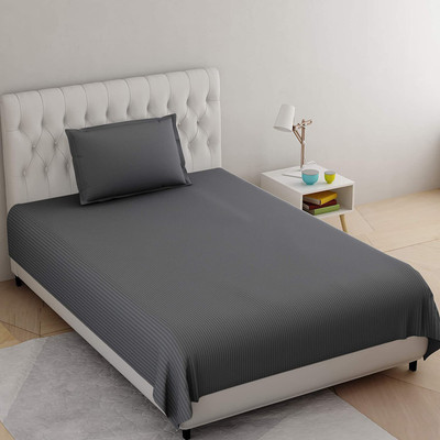CASTIQA 210 TC Satin Single Striped Flat Bedsheet(Pack of 1, Grey)