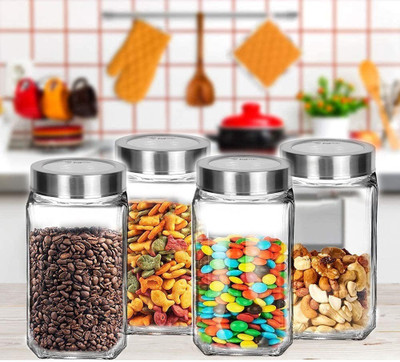 TINSUHG Glass Tea Coffee & Sugar Container  - 1000 ml(Pack of 4, Clear)