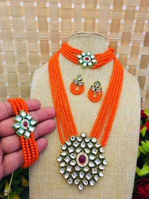 White pearl Alloy Gold-plated Orange, White, Ruby Red Jewellery Set(Pack of 1)