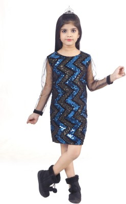 SPAMitude Indi Girls Above Knee Party Dress(Blue, Full Sleeve)
