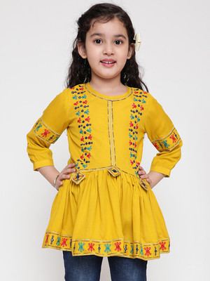 Ishti Girls Above Knee Casual Dress(Yellow, 3/4 Sleeve)