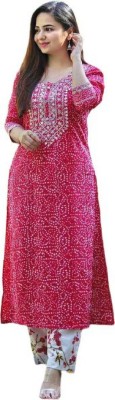 AKCRATION Women Embroidered A-line Kurta(Pink)